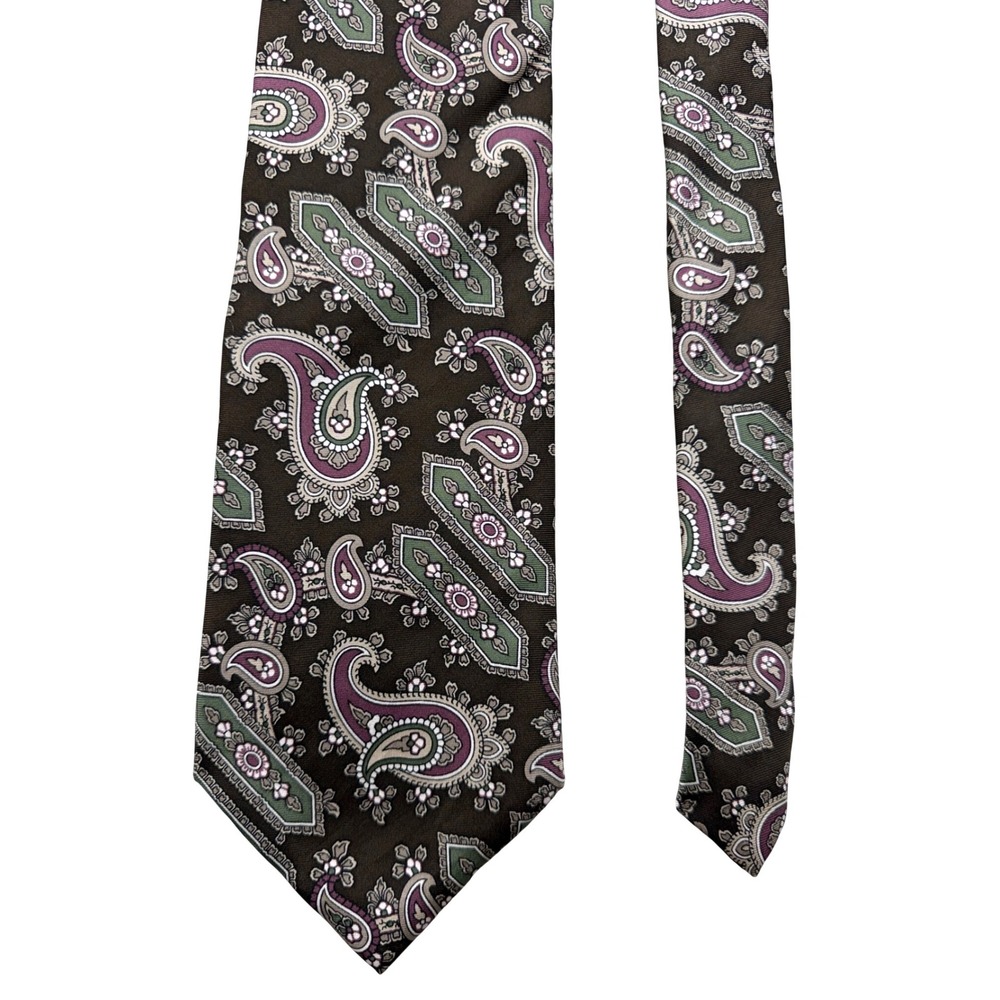 Stafford Mens Silk Necktie Brown‎ Purple Green Paisley Geometric Pattern Tie
